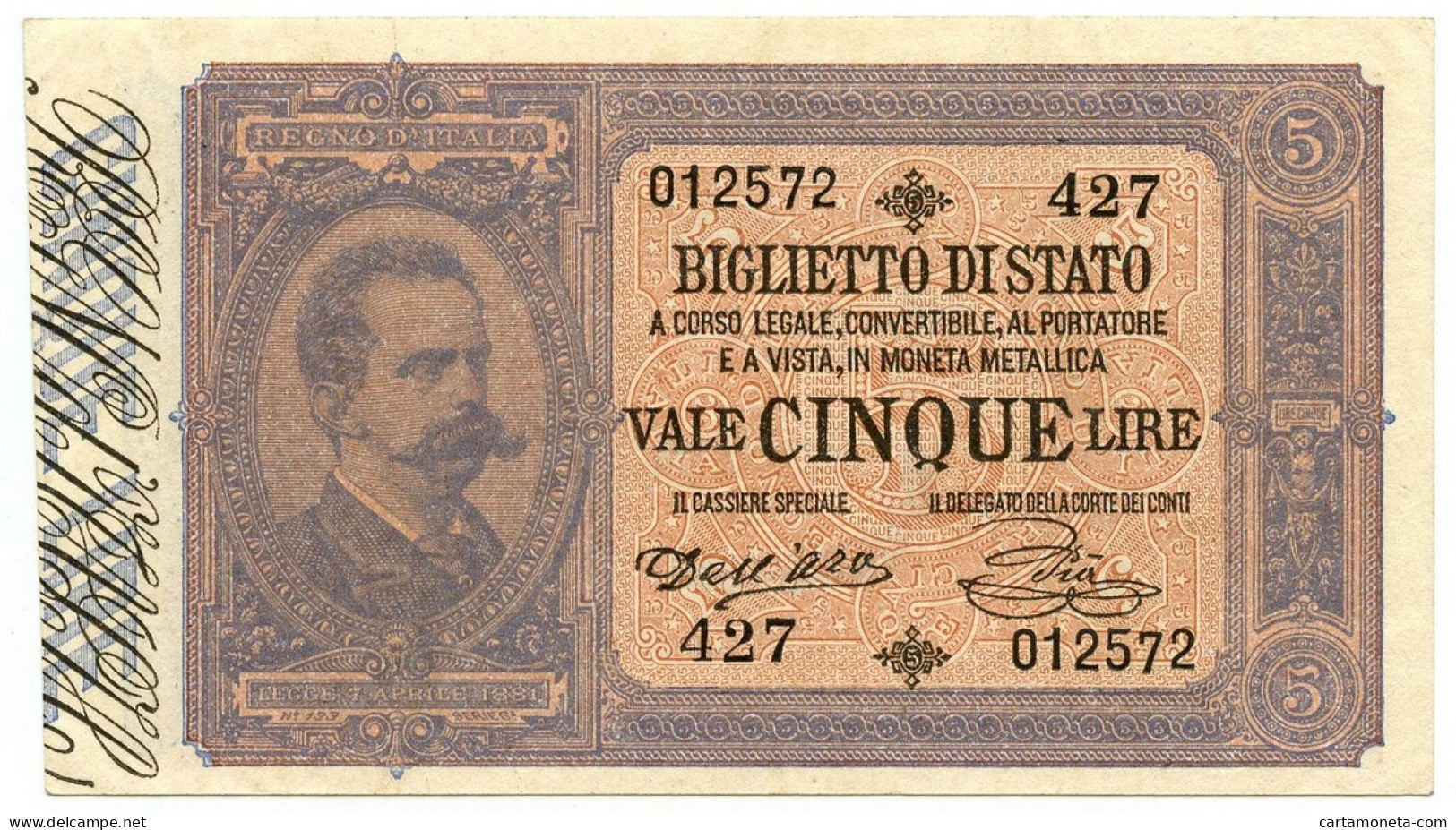 5 LIRE BIGLIETTO DI STATO EFFIGE UMBERTO I 06/08/1889 SPL+ - Regno D'Italia – Other