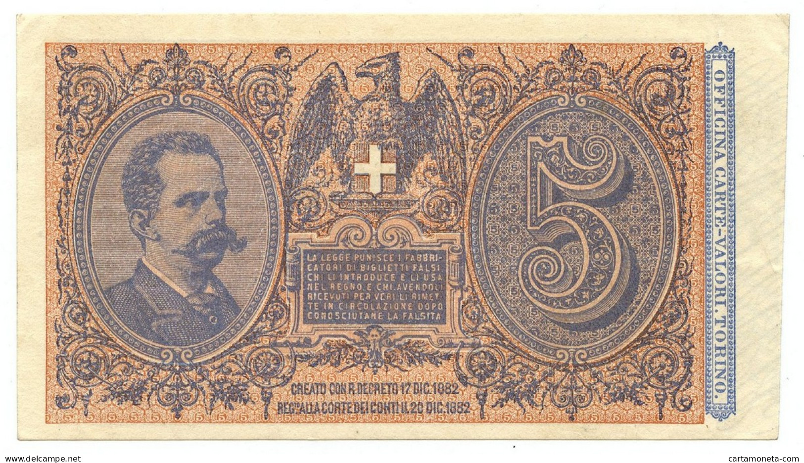 5 LIRE BIGLIETTO DI STATO EFFIGE UMBERTO I 06/08/1889 SPL+ - Regno D'Italia – Autres