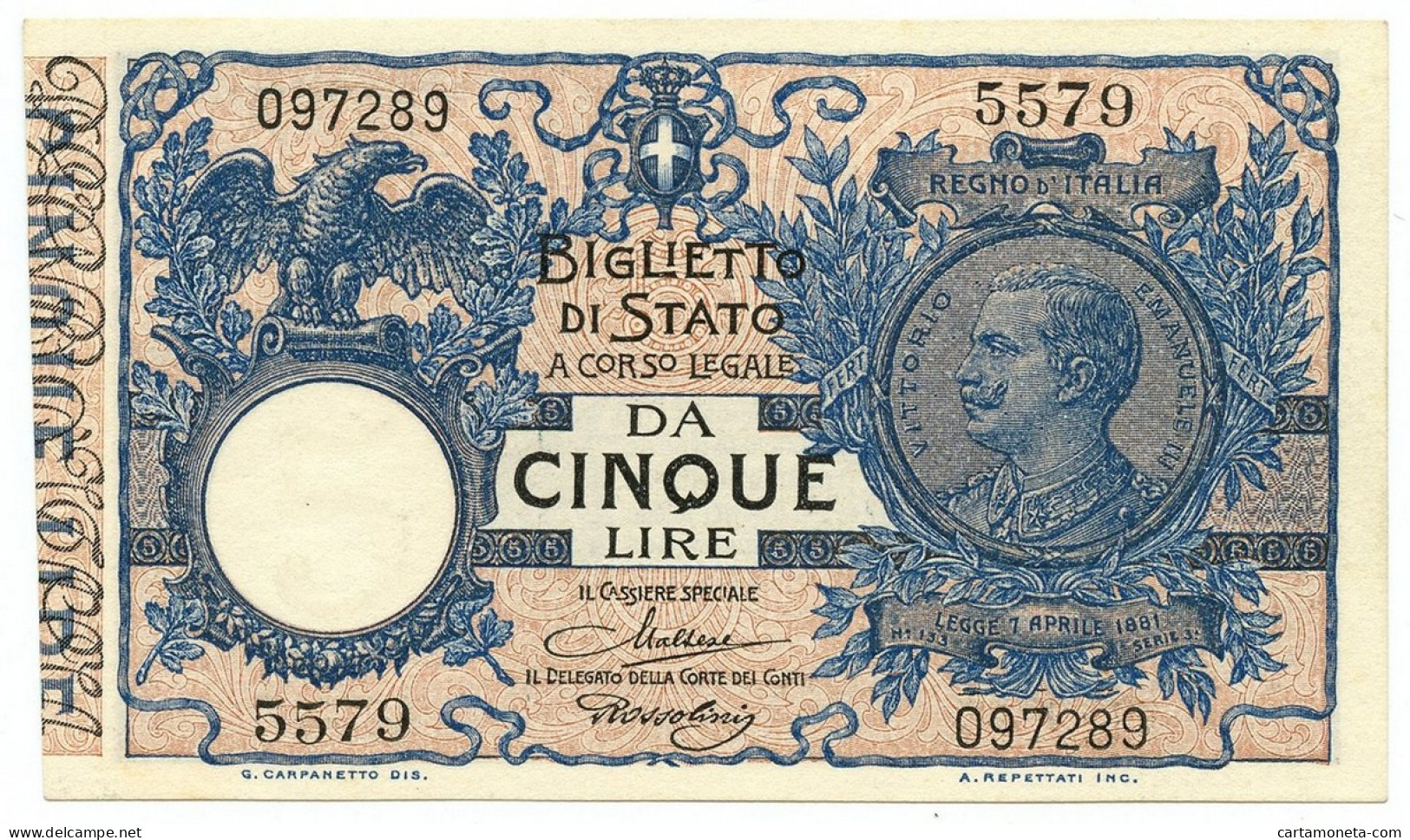 5 LIRE BIGLIETTO DI STATO VITTORIO EMANUELE III FLOREALE 24/02/1922 QFDS - Regno D'Italia – Autres