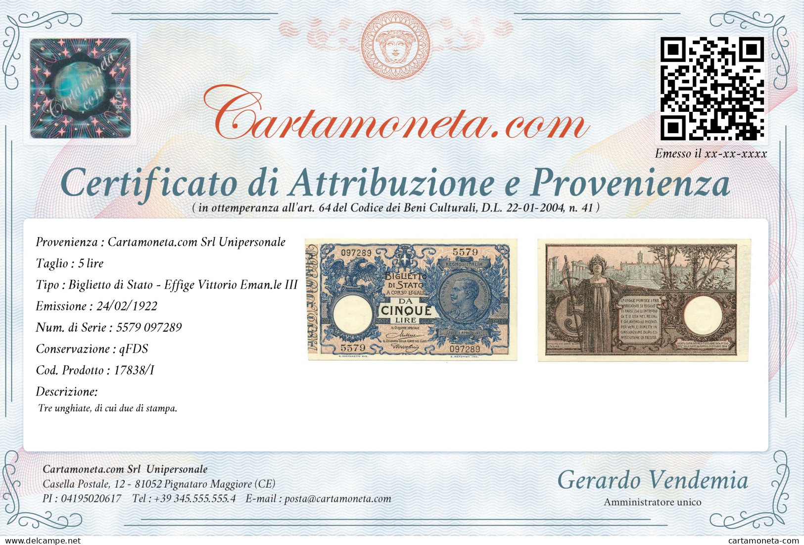 5 LIRE BIGLIETTO DI STATO VITTORIO EMANUELE III FLOREALE 24/02/1922 QFDS - Regno D'Italia – Autres