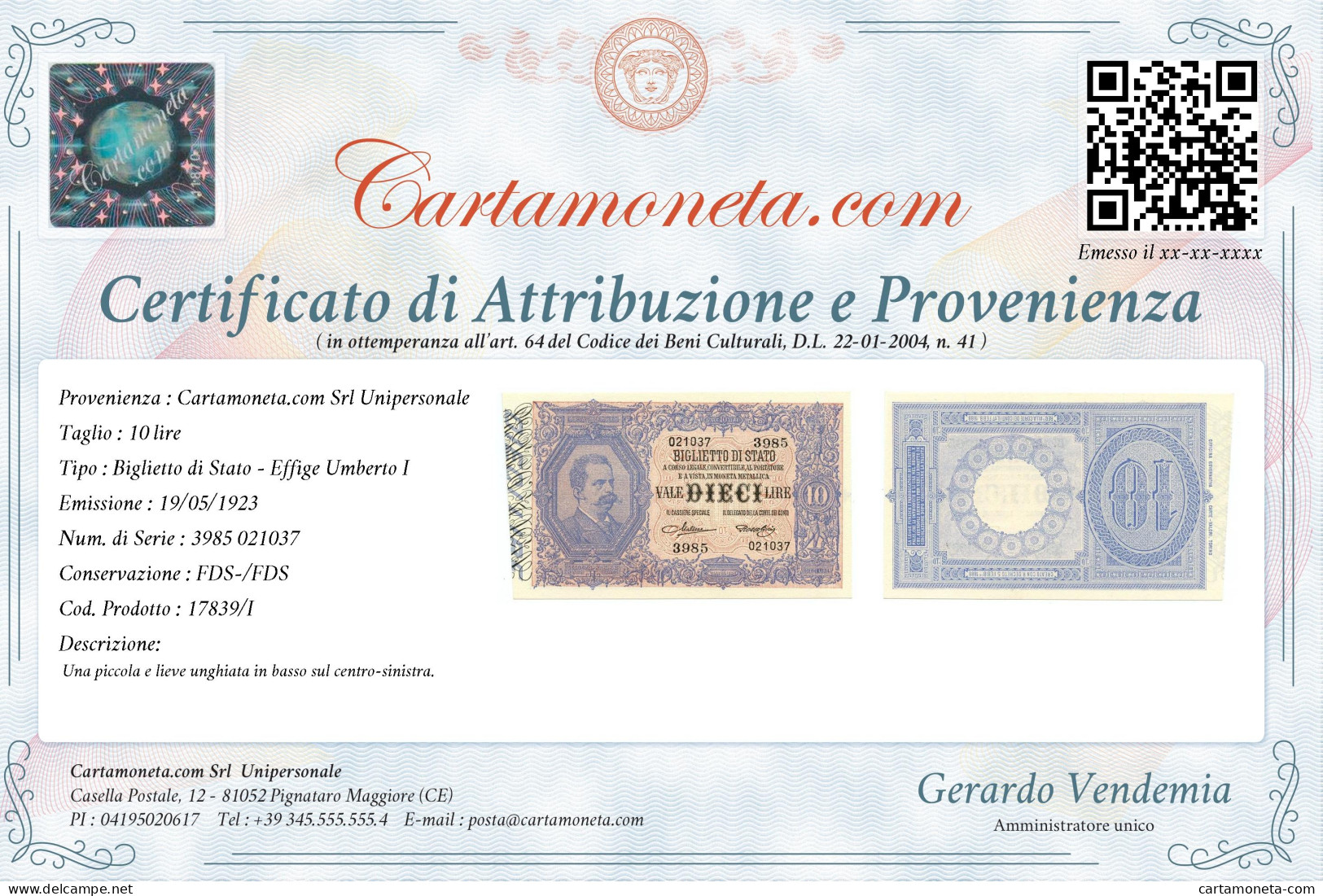 10 LIRE BIGLIETTO DI STATO EFFIGE UMBERTO I 19/05/1923 FDS-/FDS - Regno D'Italia – Autres