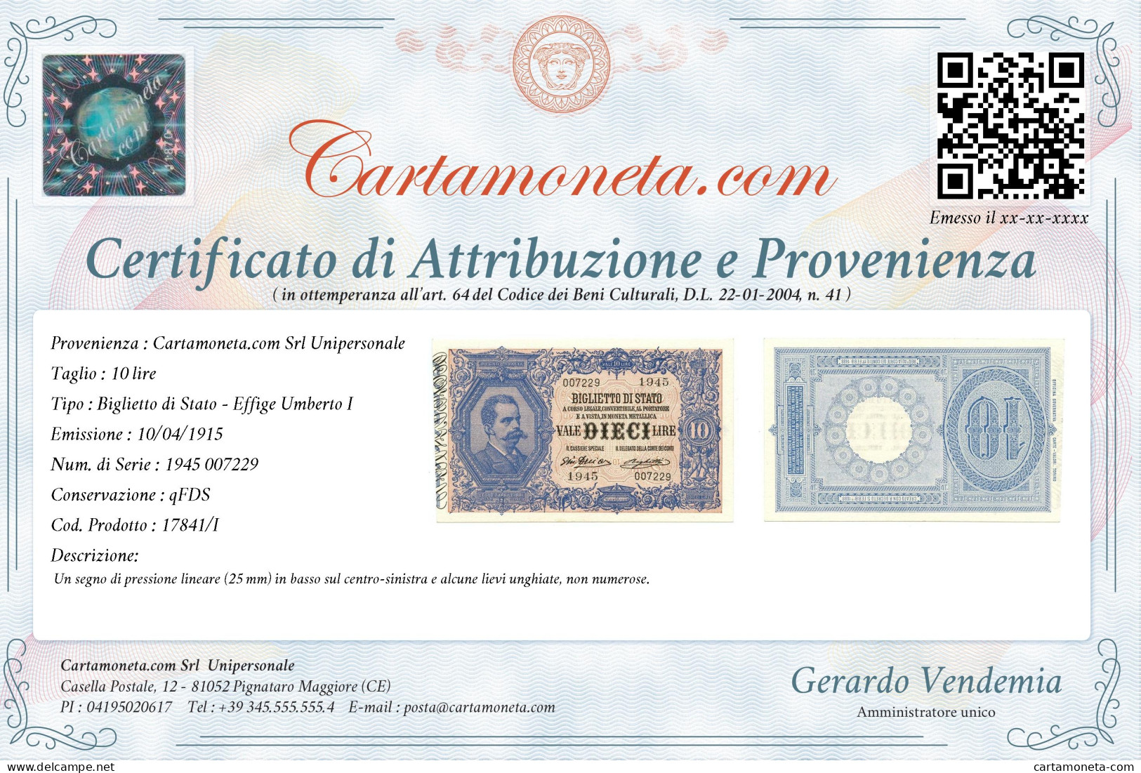 10 LIRE BIGLIETTO DI STATO EFFIGE UMBERTO I 10/04/1915 QFDS - Regno D'Italia – Autres