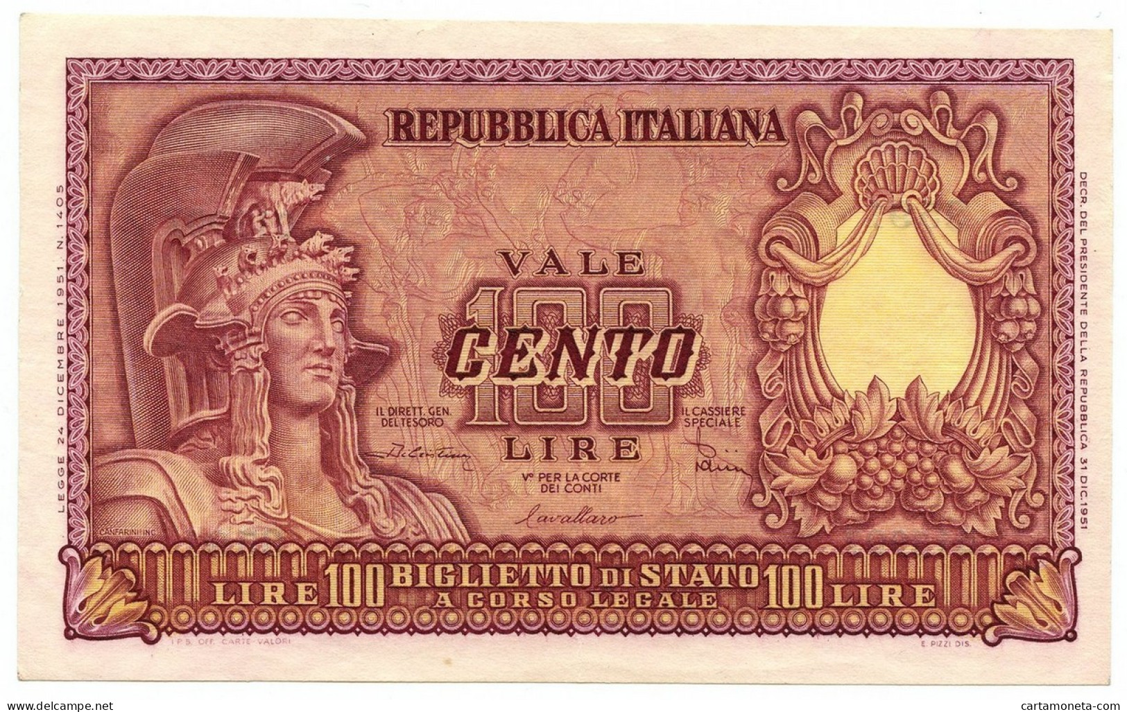 100 LIRE BIGLIETTO DI STATO ITALIA ELMATA DI CRISTINA 31/12/1951 SPL+ - Sonstige & Ohne Zuordnung