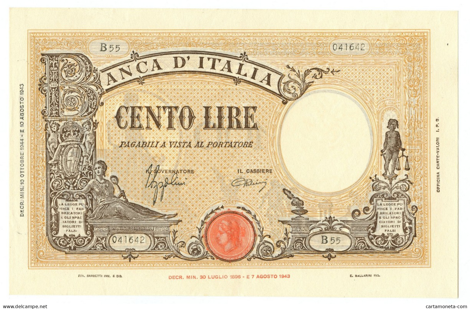 100 LIRE BARBETTI GRANDE B GIALLO TESTINA RETRO BI RSI 10/10/1944 SUP- - Regno D'Italia – Autres