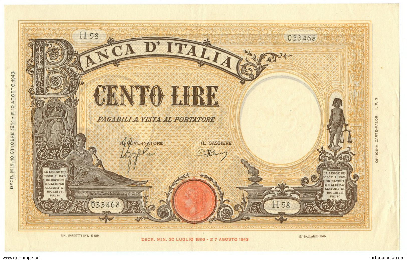 100 LIRE BARBETTI GRANDE B GIALLO TESTINA RETRO BI RSI 10/10/1944 SPL/SPL+ - Regno D'Italia – Autres