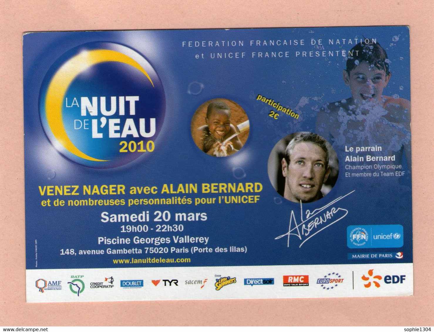 Carte Publicitaire - CART'COM - Fédération Française De Natation Et Unicef France ...La Nuit De L'Eau  2010. - Nuoto