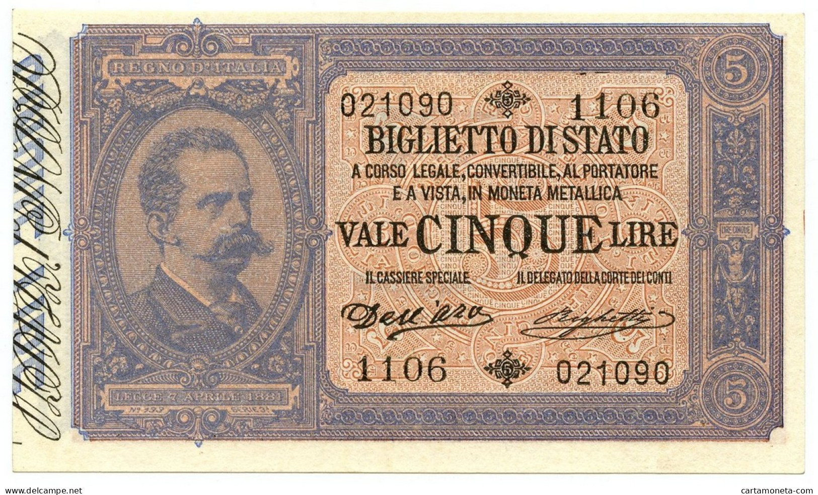 5 LIRE BIGLIETTO DI STATO EFFIGE UMBERTO I 25/10/1892 QFDS - Regno D'Italia – Autres