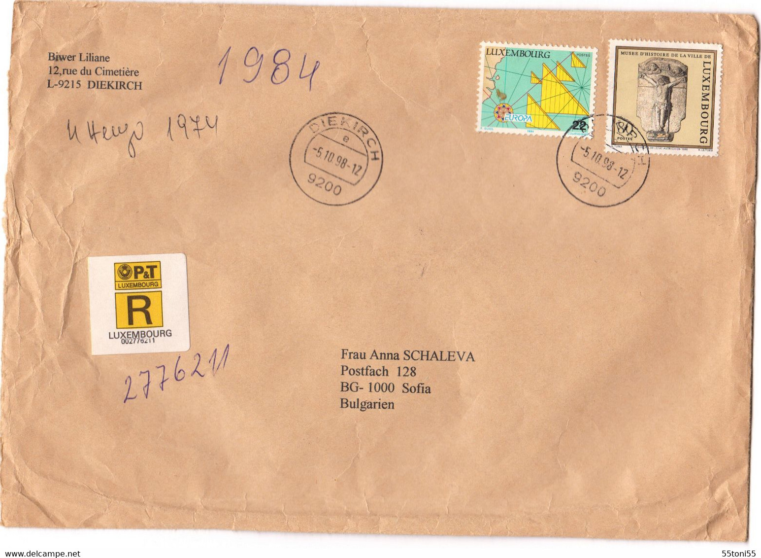 1998 R-envelope / Cover - Large Format) LUXEMBOURG / BULGARIA - Lettres & Documents