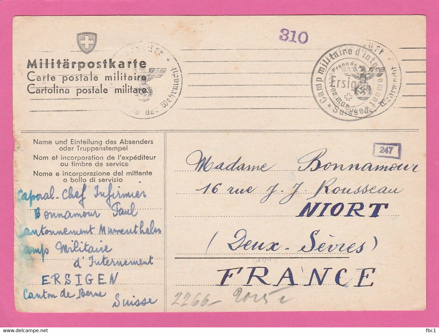 Camp Militaire D'internement D'Ersigen (Suisse) Sur Militärpostkarte Vers Niort 1940 (Paul Bonnamour) - Sellados