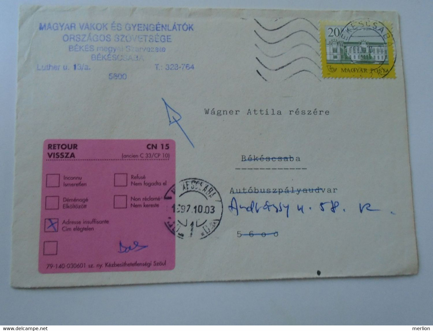 D192831  Hungary Cover -Hungarian Association Of The Blind -Ungarischer Blindenverband -Békéscsaba  1997 Retour - Lettres & Documents