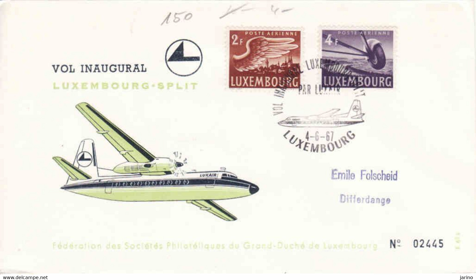 Luxembourg 1967, Par Avion LuxAir, Vol Inaugural Luxembourg - Split - Briefe U. Dokumente