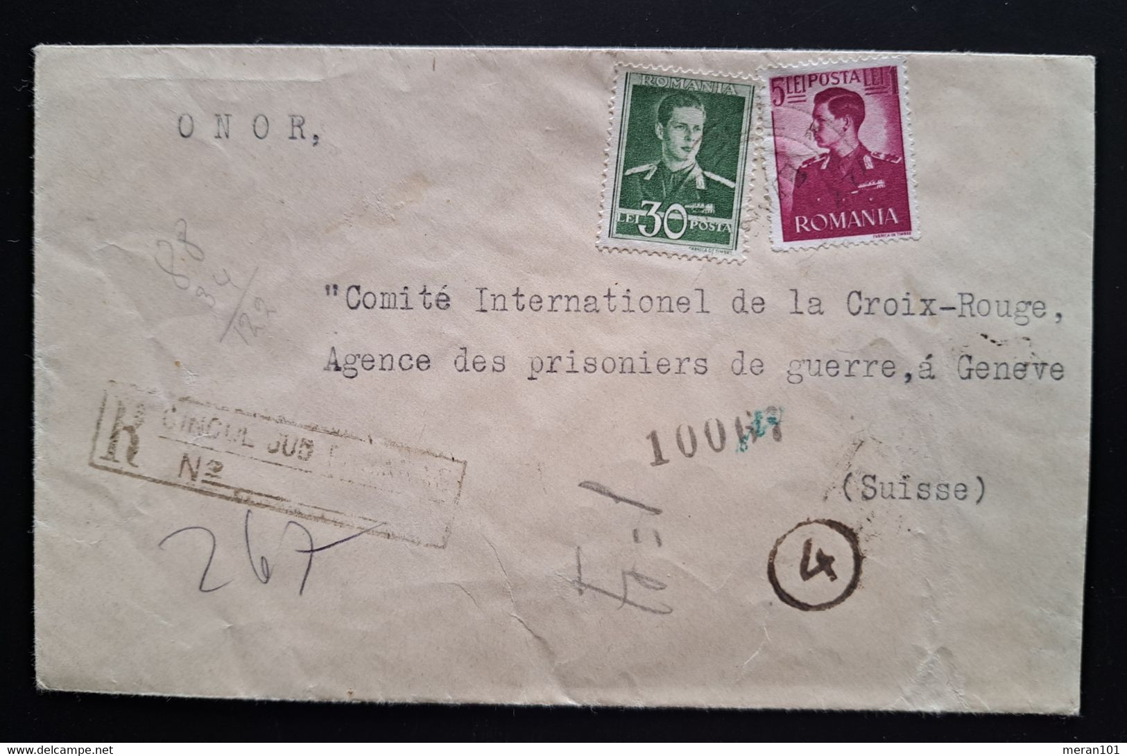 Rumänien 1943, Reko-Brief MiF CINCUL Gelaufen GENEVE Zensur - 2de Wereldoorlog (Brieven)