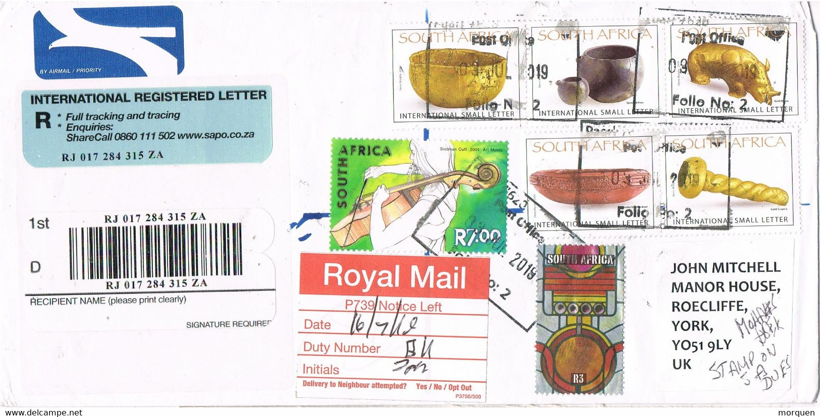 48438. Carta Aerea SOUTH AFRICA 2019. Stamp Rinoceronte, Ceramicas - Lettres & Documents