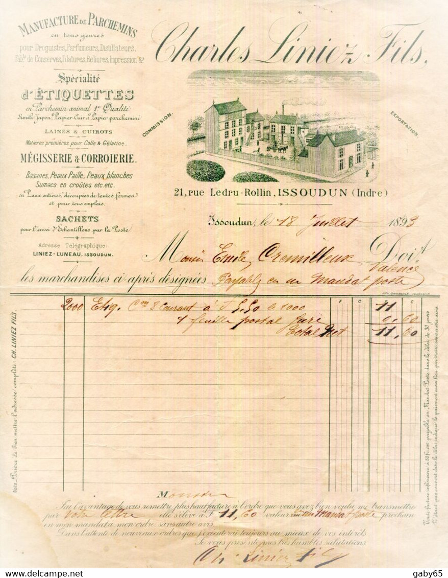 FACTURE.36.INDRE.ISSOUDUN.MANUFACTURE DE PARCHEMINS.CHARLES LINIEZ FILS 21 RUE LEDRU-ROLLIN. - Printing & Stationeries