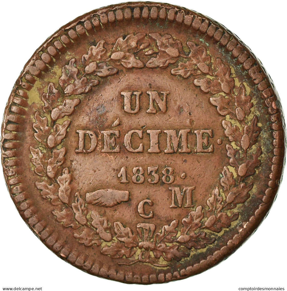 Monnaie, Monaco, Honore V, Decime, 1838, Monaco, TB+, Cuivre, Gadoury:105 - 1819-1922 Onorato V, Carlo III, Alberto I