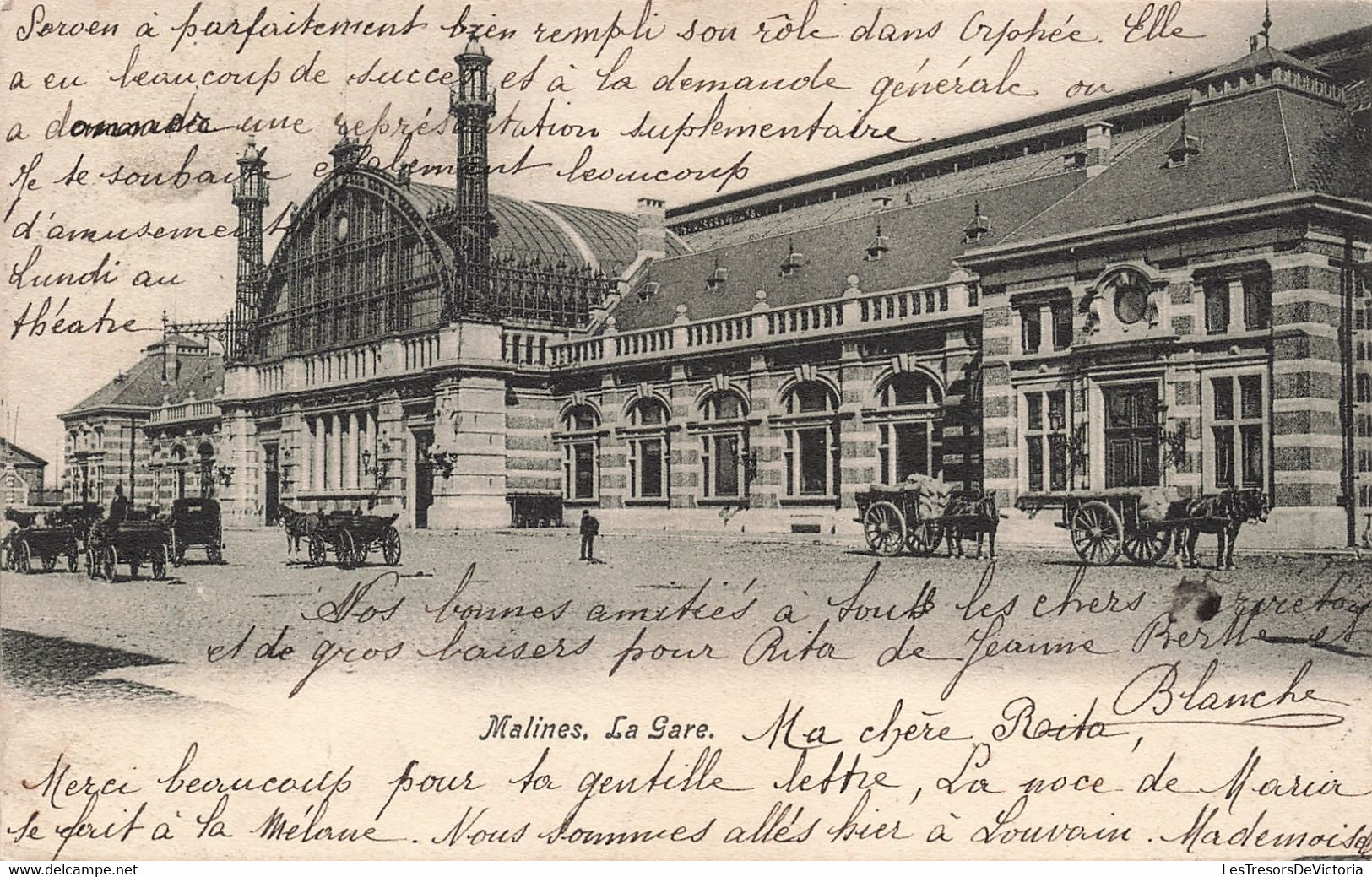 CPA - Belgique - Malines - La Gare - Oblitéré Malines Station 1905 - Précurseur - Gare - Charette - Cheval - Animé - Malines