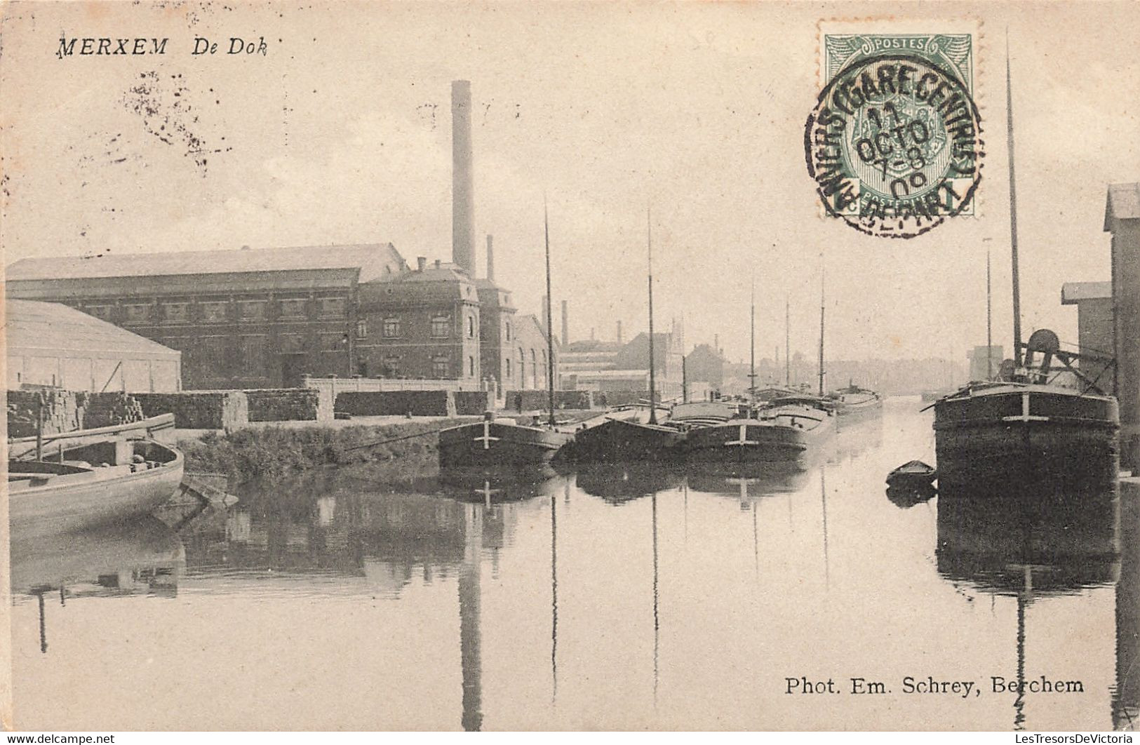 CPA - Belgique - Merxem - Merksem - De Dok - Phot. Em. Schrey - Oblitéré Anvers Gare Centre 1909 - Canal - Péniche - Andere & Zonder Classificatie