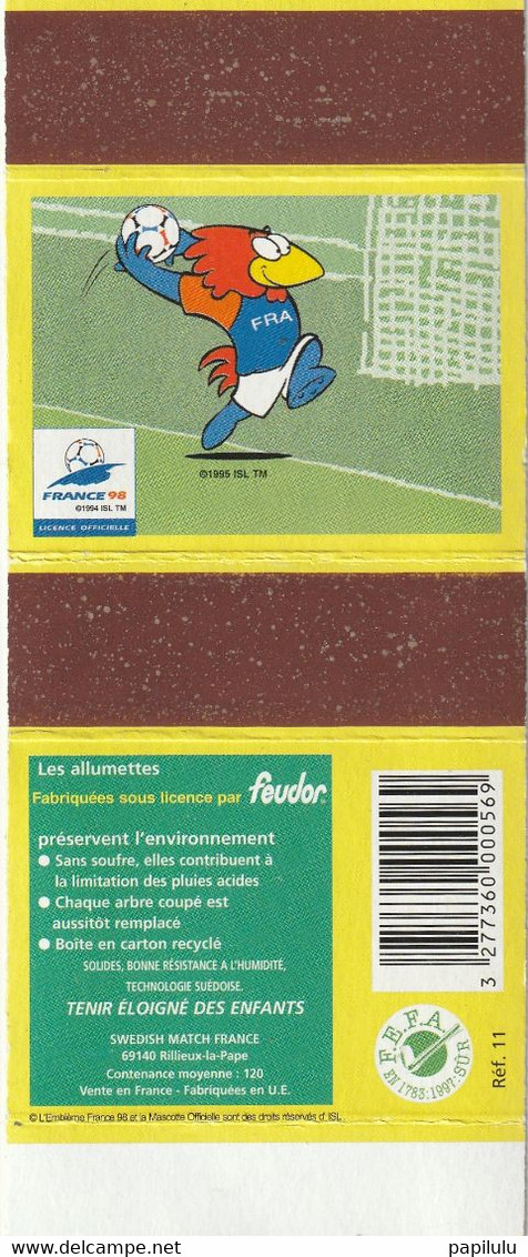 BOITES D'ALLUMETTES 438 : Footix Mascotte De La Coupe Du Monde 98 , A Grattoir Uni , Marque Feudor - Zündholzschachteletiketten