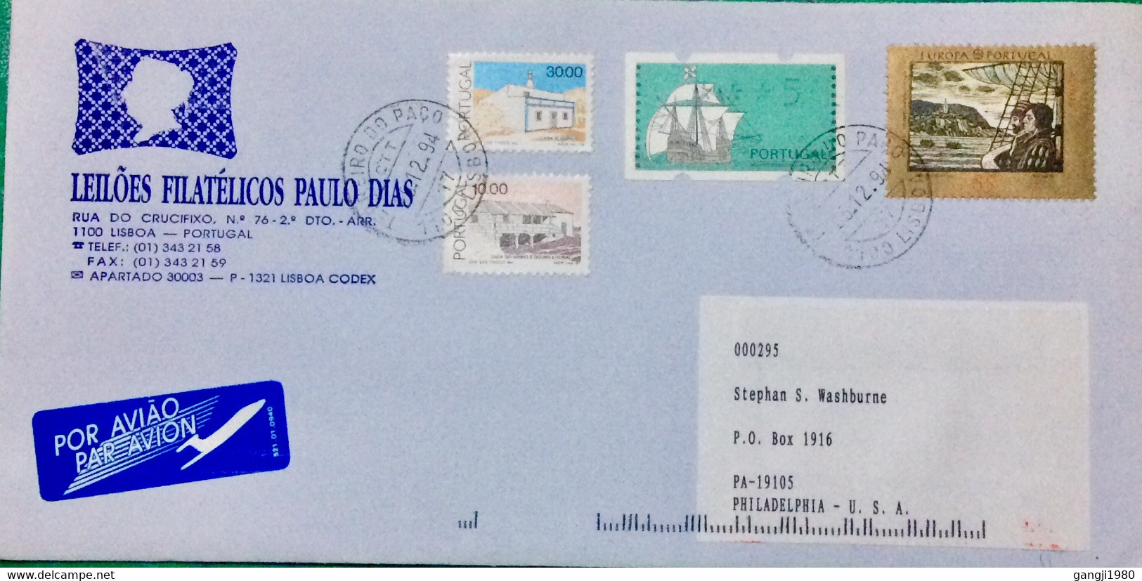 PORTUGAL 1994, ILLUSTRATED COVER USED TO USA, ATM SHIP STAMP, CASA ALGARVIA ,CASA DI MINHO, BUILDING, EUROPA, VIGNETTE A - Brieven En Documenten