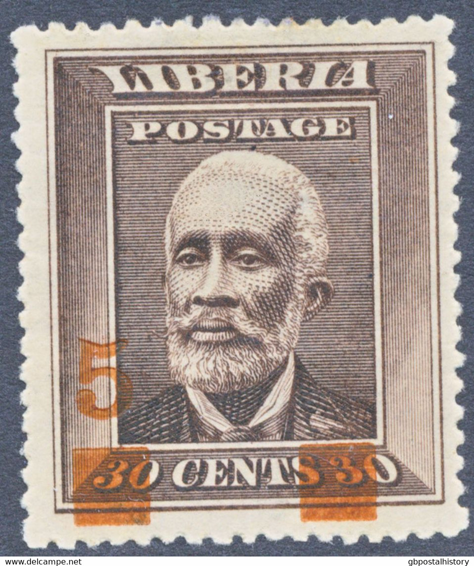 LIBERIA 1915, Freim.-Ah.-Ausgabe 5 (C.) A. 30 C. Präsident Arthur Barclay Ungebr. Kab.-Stück, ABART: Aufdruck Type VI - Liberia