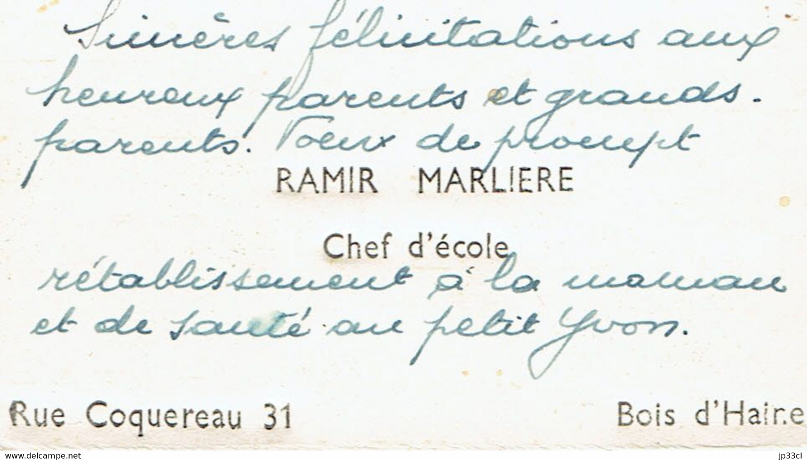 Carte De Visite De Ramir Marlière, Chef D'école, Rue Coquereau, Bois-d'Haine (1947) - Cartes De Visite