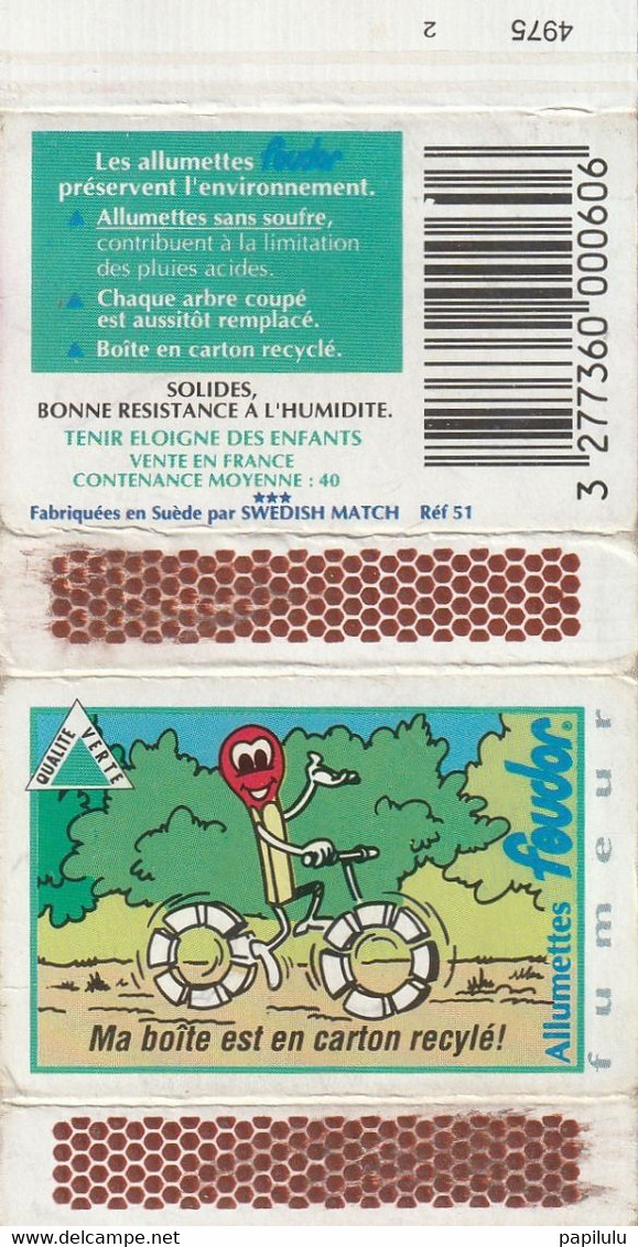 BOITES D'ALLUMETTES 448 : Ma Boite Est En Carton Recyclé , Allumette Qui Fait Du Vélo A Grattoir Nid D'abeille , Feudor - Zündholzschachteletiketten