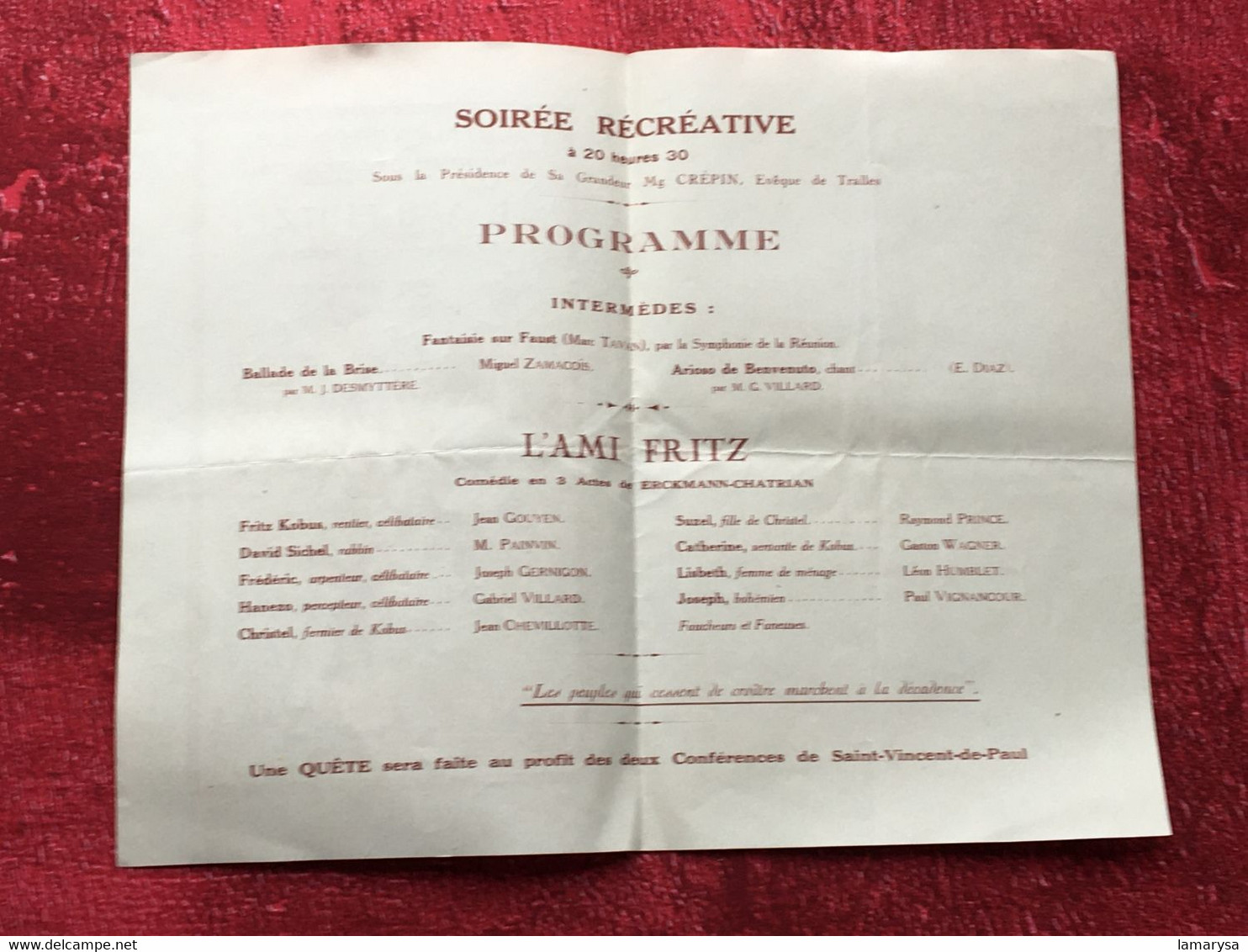 1929 L'Ami Fritz Programme Fête Patronale Réunion Des étudiants-☛Comédie En 3 Actes-☛Erckmann-Chatrian-Document-soirée R - Programme