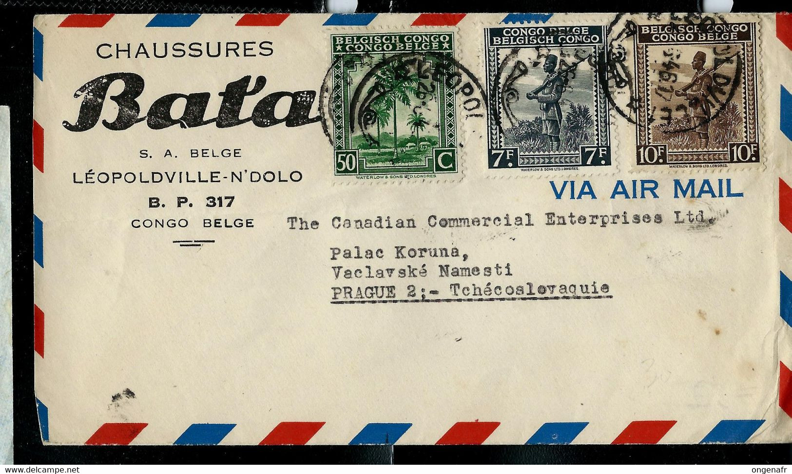 Lettre à Entête: Chaussures BATA - Obl. LEOPOLDVILLE 1946 ( N° 245 - 234 - 265) Vers Prague ( Tchécoslovaquie) - Cartas & Documentos