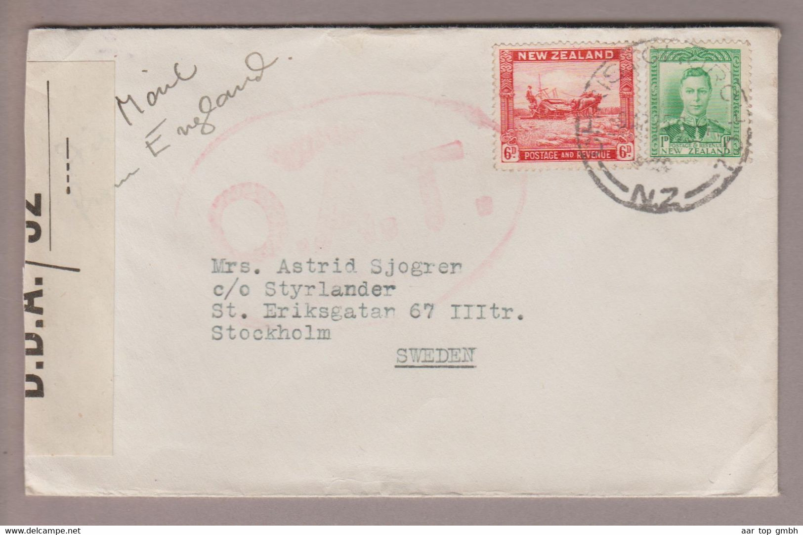 Neuseeland New Zealand 1945-08-09 Christchurch O.A.T. Airmail  Zensuriert Nach Stockholm - Cartas & Documentos