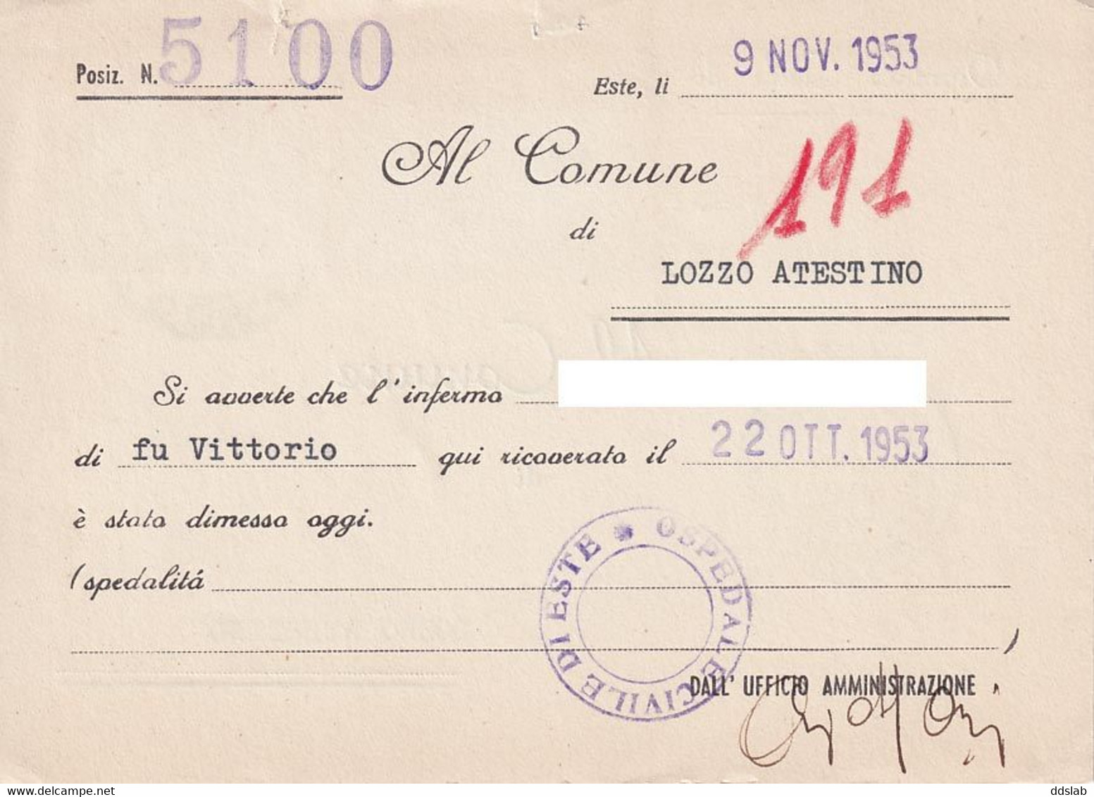 Cartolina Da Ospedale Civile Di Este A Comune Di Lozzo Atesino - Viaggiata 1953 - Affr. 2x5L Italia Al Lavoro - Santé