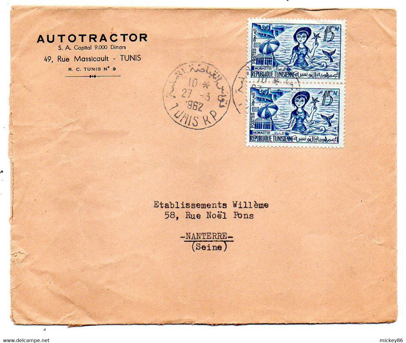 Tunisie--1962--lettre  TUNIS  Pour NANTERRE-92 (France) ..timbres  Sur Lettre,  Cachet.... - Tunisia