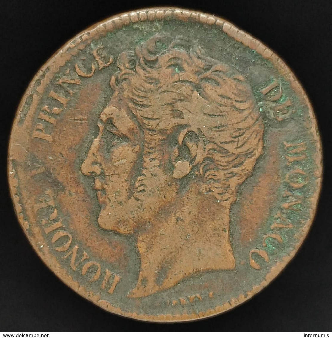 Monaco, Grosse Tête, 5 Centimes, 1837 MC, Cuivre (Copper), TTB (EF), KM# 95.1, Gad.MC103.5 - 1819-1922 Honoré V, Charles III, Albert I