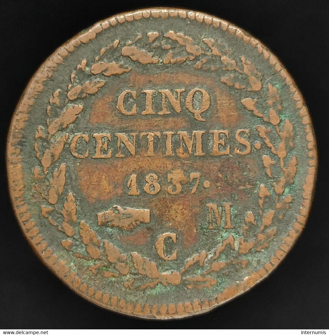 Monaco, Grosse Tête, 5 Centimes, 1837 MC, Cuivre (Copper), TTB (EF), KM# 95.1, Gad.MC103.5 - 1819-1922 Honoré V, Charles III, Albert I