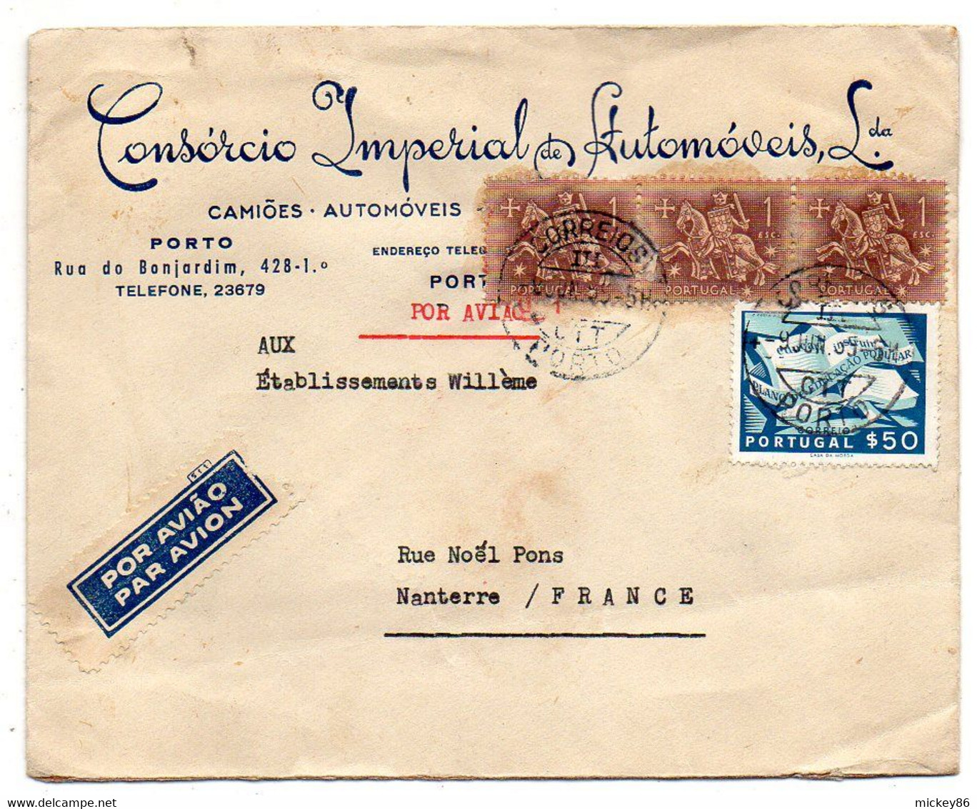 Portugal-1955 -lettre PORTO  Pour NANTERRE-92 (France).timbres Sur Lettre,  Cachet + Cachets De Cire Au Verso - Lettres & Documents