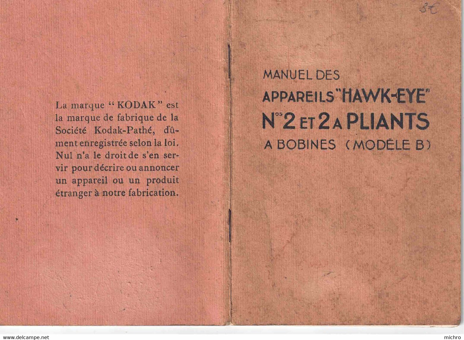 KODAK-PATHE - Manuel Pour Appareil PHOTO Type HAWK-EYE N° 2 Et 2A Pliants à Bobine - 600123 - Appareils Photo