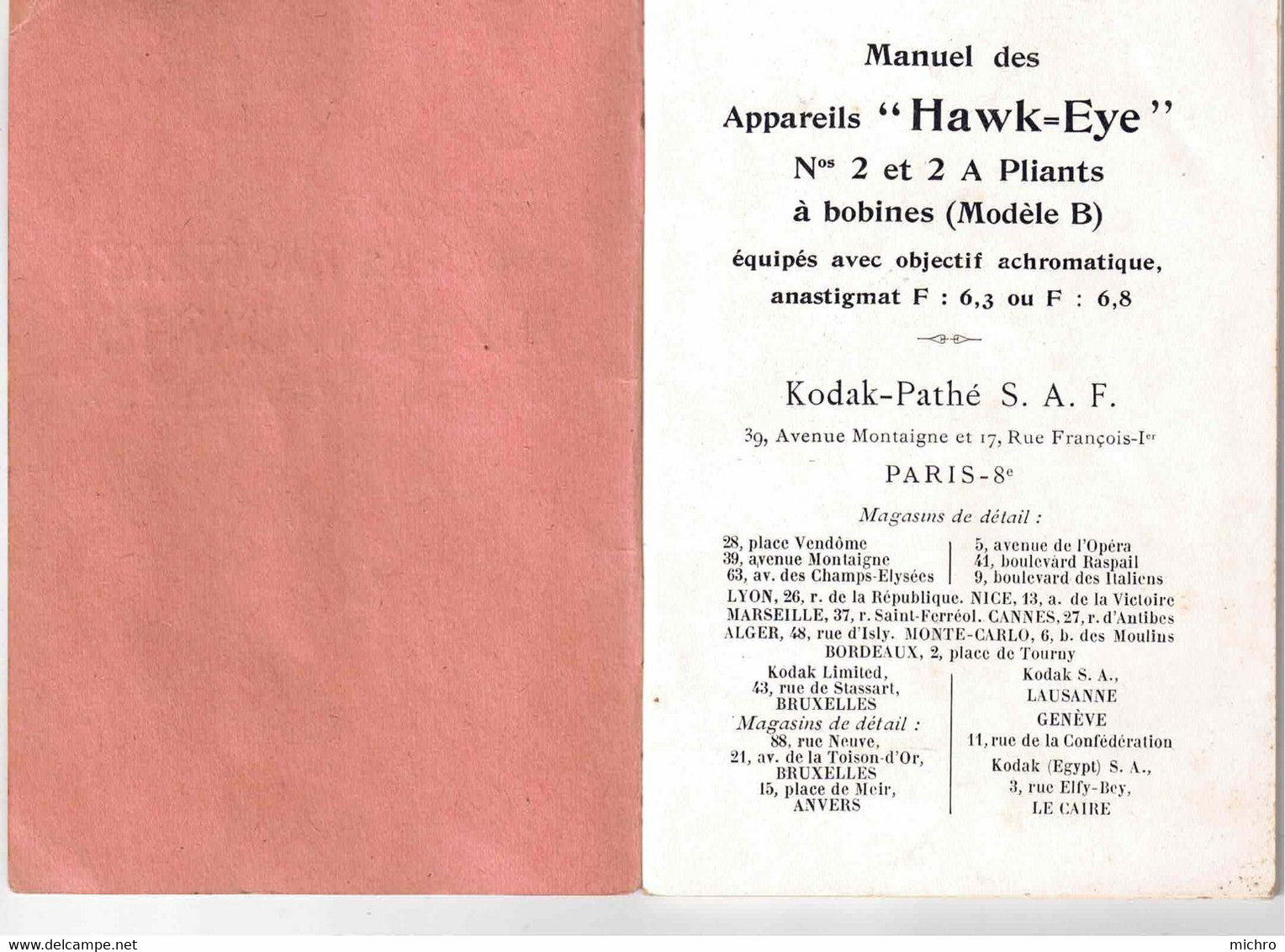 KODAK-PATHE - Manuel Pour Appareil PHOTO Type HAWK-EYE N° 2 Et 2A Pliants à Bobine - 600123 - Appareils Photo