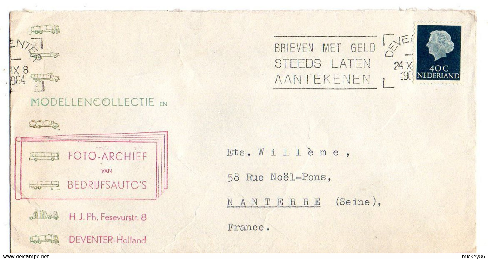 PAYS-BAS - 1964--lettre DEVENTER  Pour NANTERRE-92 (France). Timbre Seul  Sur Lettre,  Cachet . - Briefe U. Dokumente
