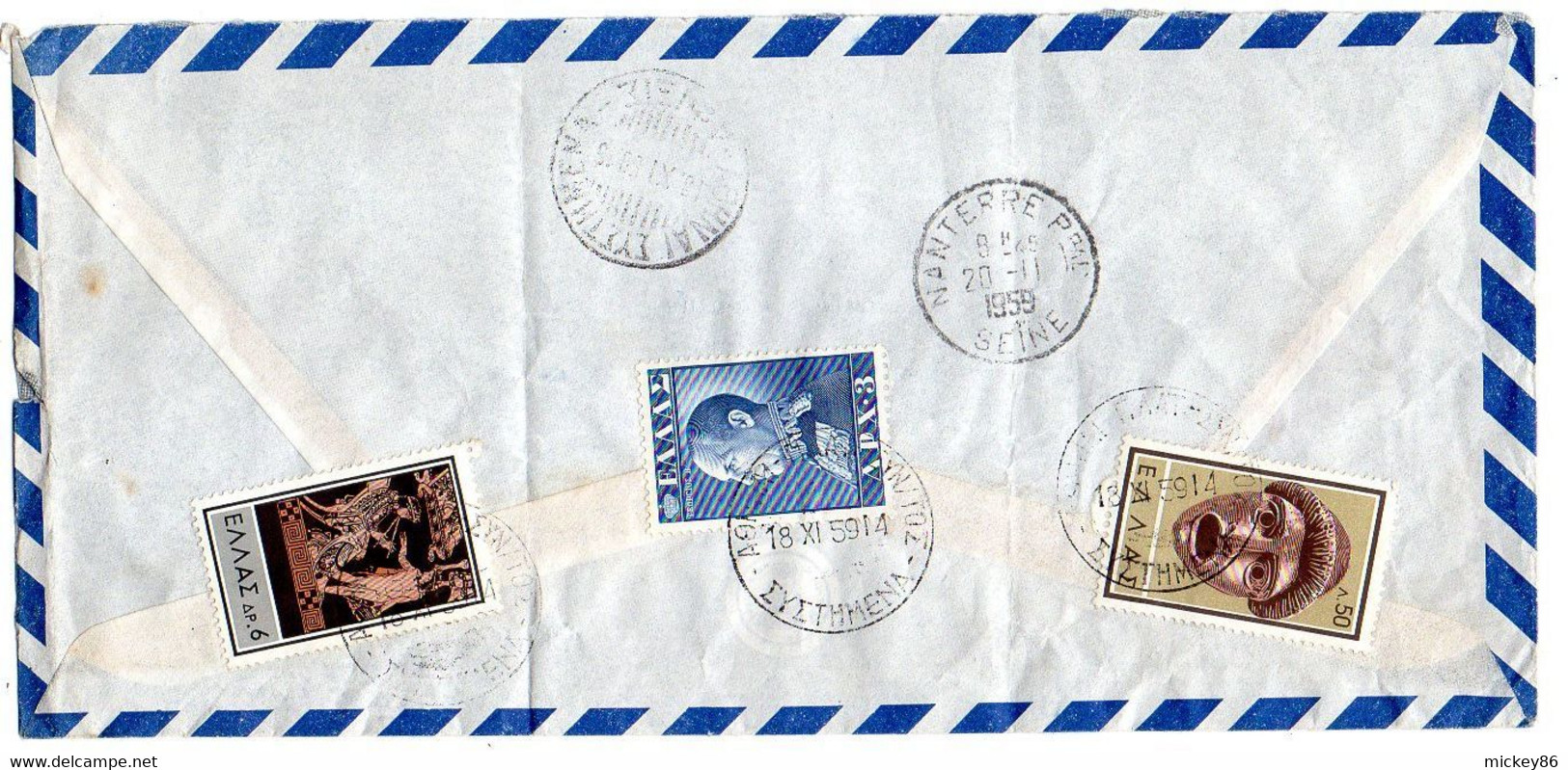 GRECE - 1959--lettre Recommandée ATHENES  Pour NANTERRE-92 (France). Timbres Sur Lettre (au Verso),  Cachet . - Briefe U. Dokumente