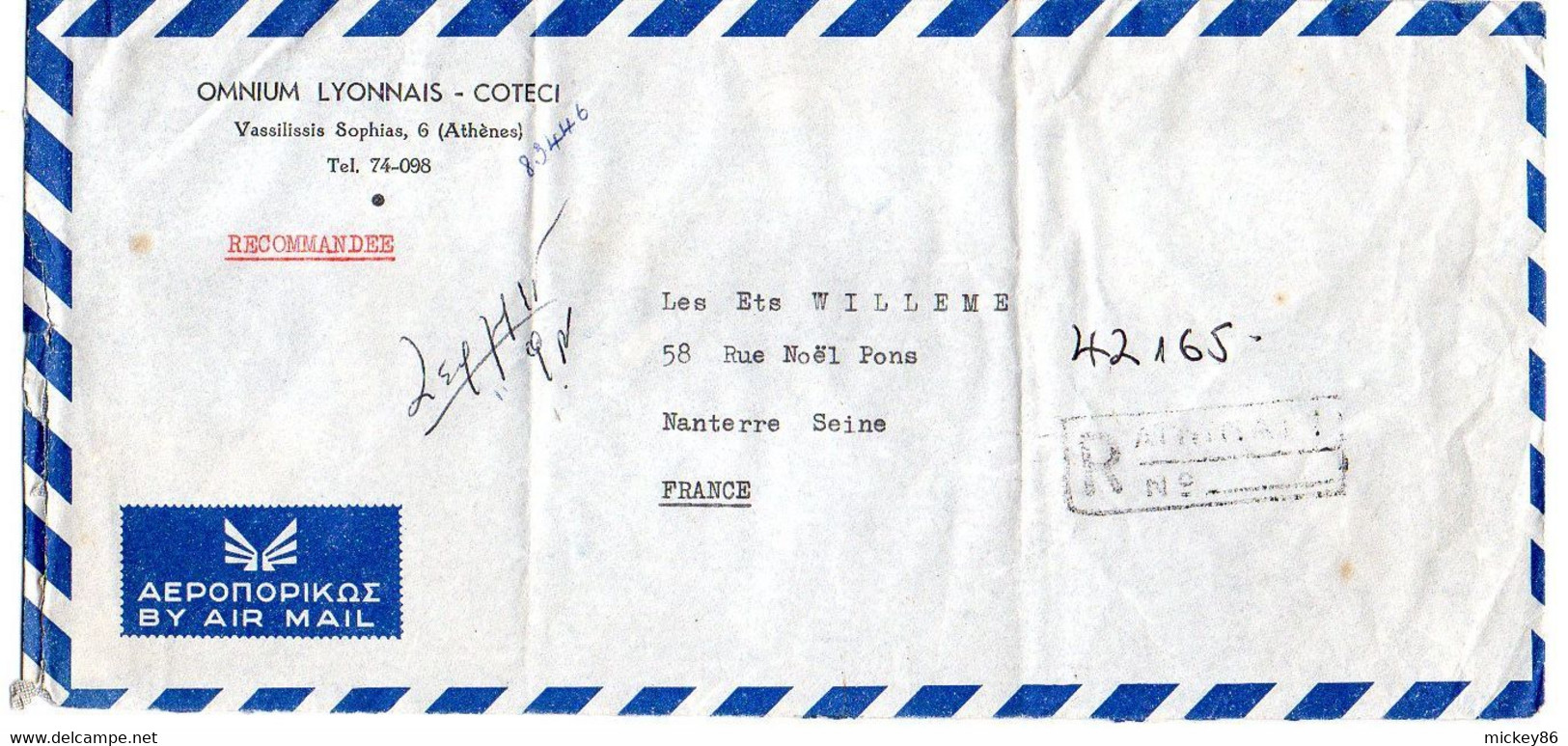 GRECE - 1959--lettre Recommandée ATHENES  Pour NANTERRE-92 (France). Timbres Sur Lettre (au Verso),  Cachet . - Storia Postale