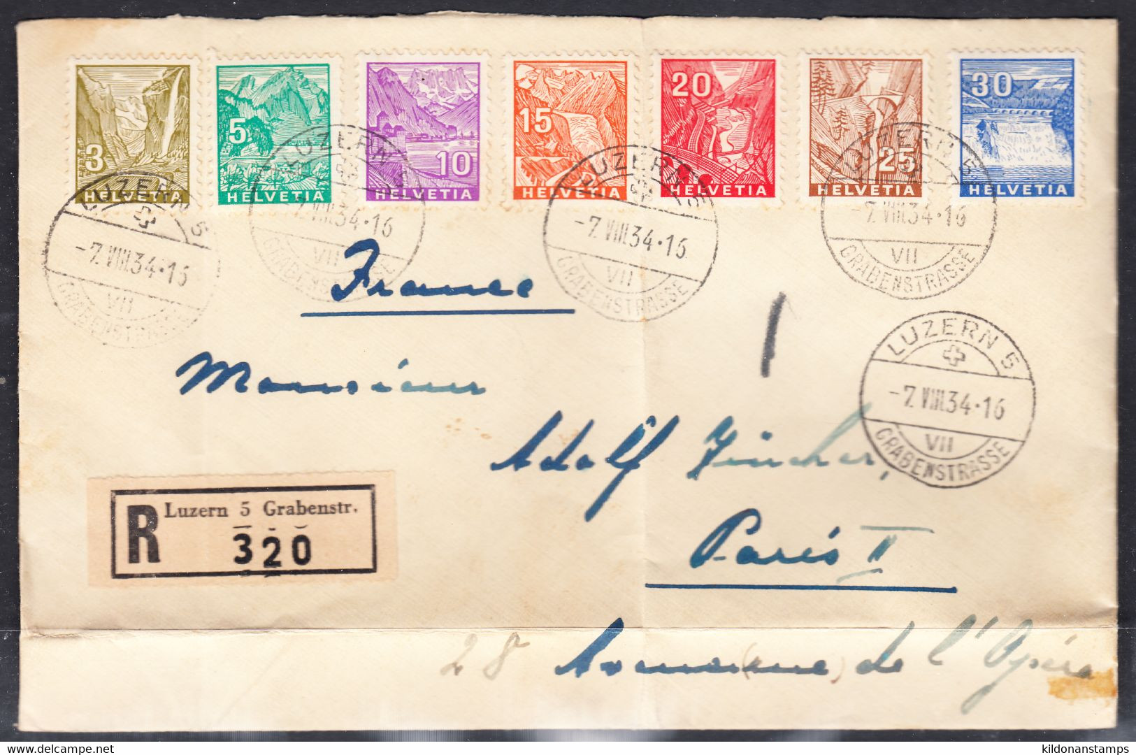 Switzerland 1934 Registered Cover, Luzern To Paris, Aug 7 1934, Folded - Brieven En Documenten