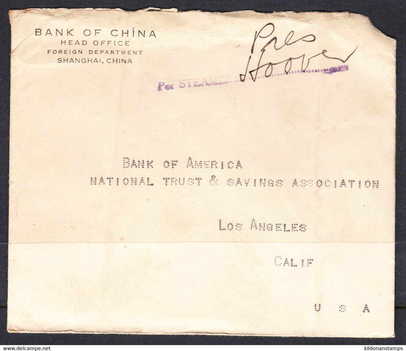 China 1934 Steamship Cover (President Hoover), Shanghai To Los Angeles, Jun 14 1934 - 1912-1949 Republik