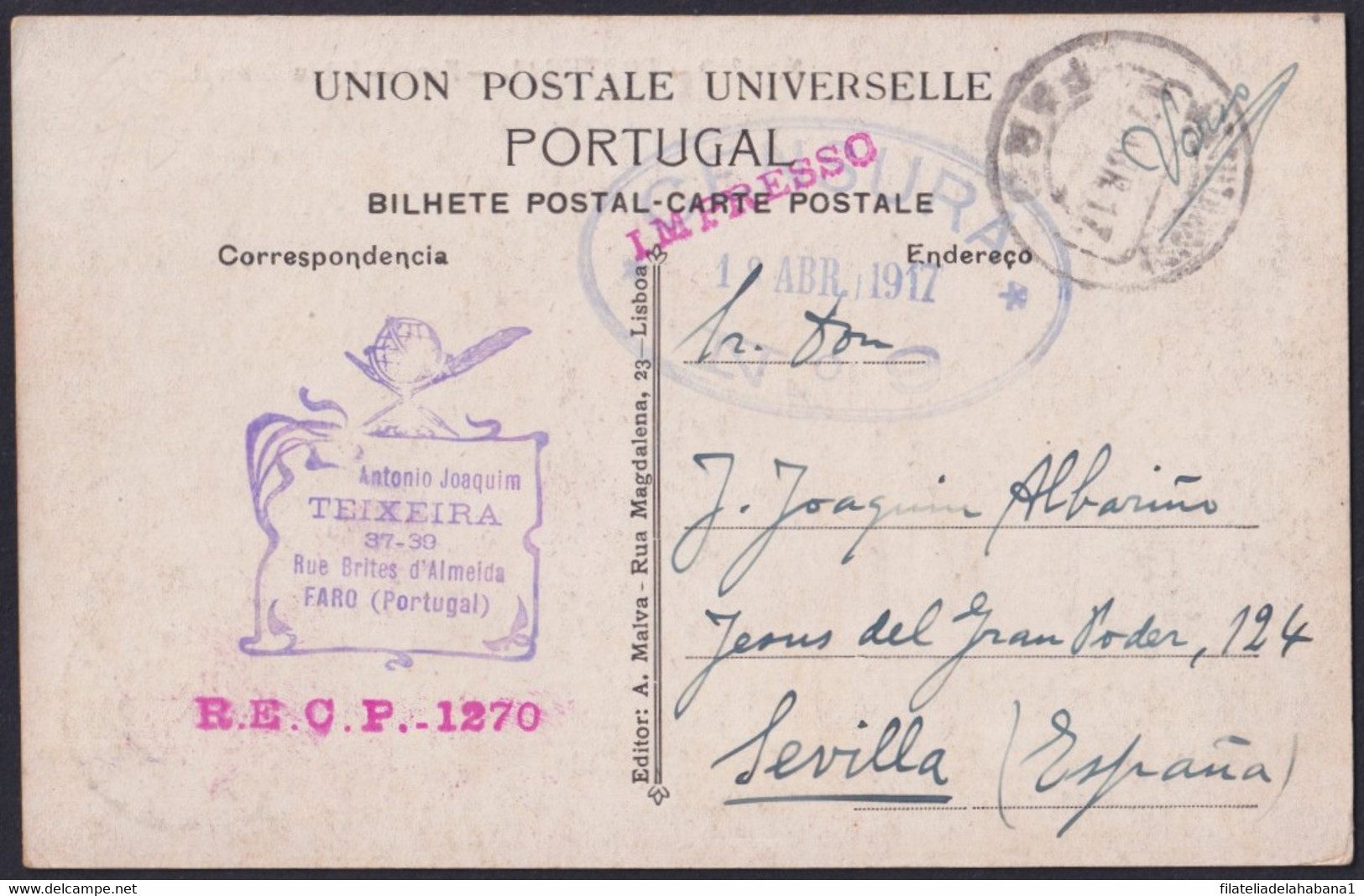 F-EX39323 PORTUGAL 1917 CENSORSHIP POSTCARD FARO TO SEVILLA SPAIN. - Altri & Non Classificati