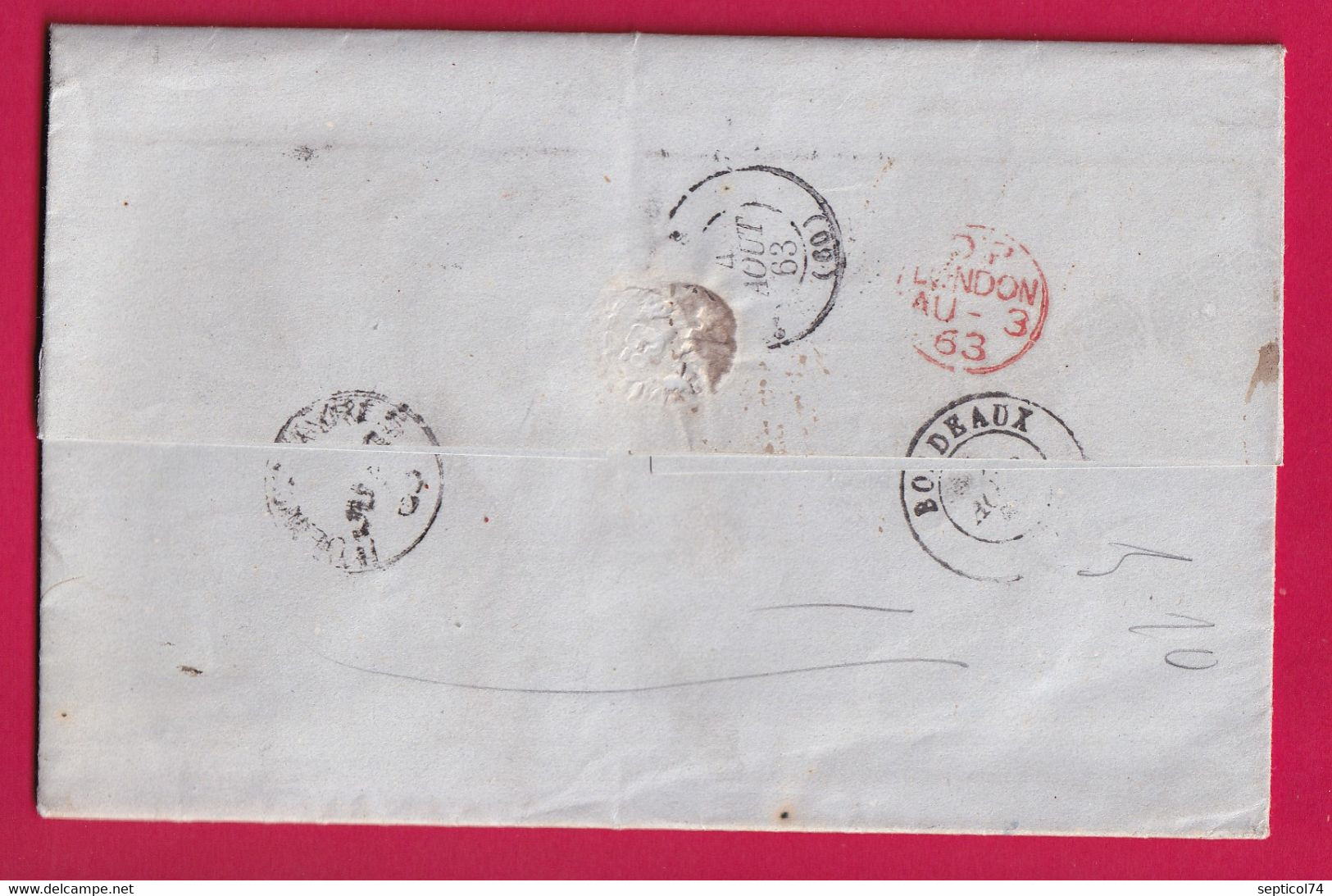 BUENOS AIRES ARGENTINE 1863 TAXE ANGLAISE 1F60 POUR BORDEAUX LETTRE COVER - Prephilately