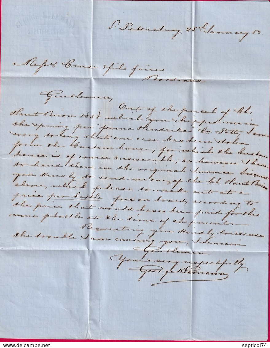 RUSSIE RUSSIA ST PETERSBOURG PETERSBURG 1863 + MARQUE PORTO TAXE TAMPON 11 POUR BORDEAUX LETTRE COVER - ...-1857 Préphilatélie