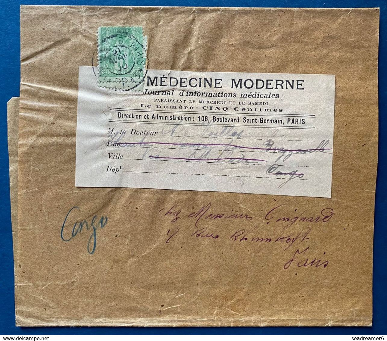 Bande Journal " Médecine Moderne 1900 N°102 Oblitéré " IMPRIMES 2 PARIS * PP 13 * " !! Pour BRAZZAVILLE CONGO !! RR - 1898-1900 Sage (Type III)