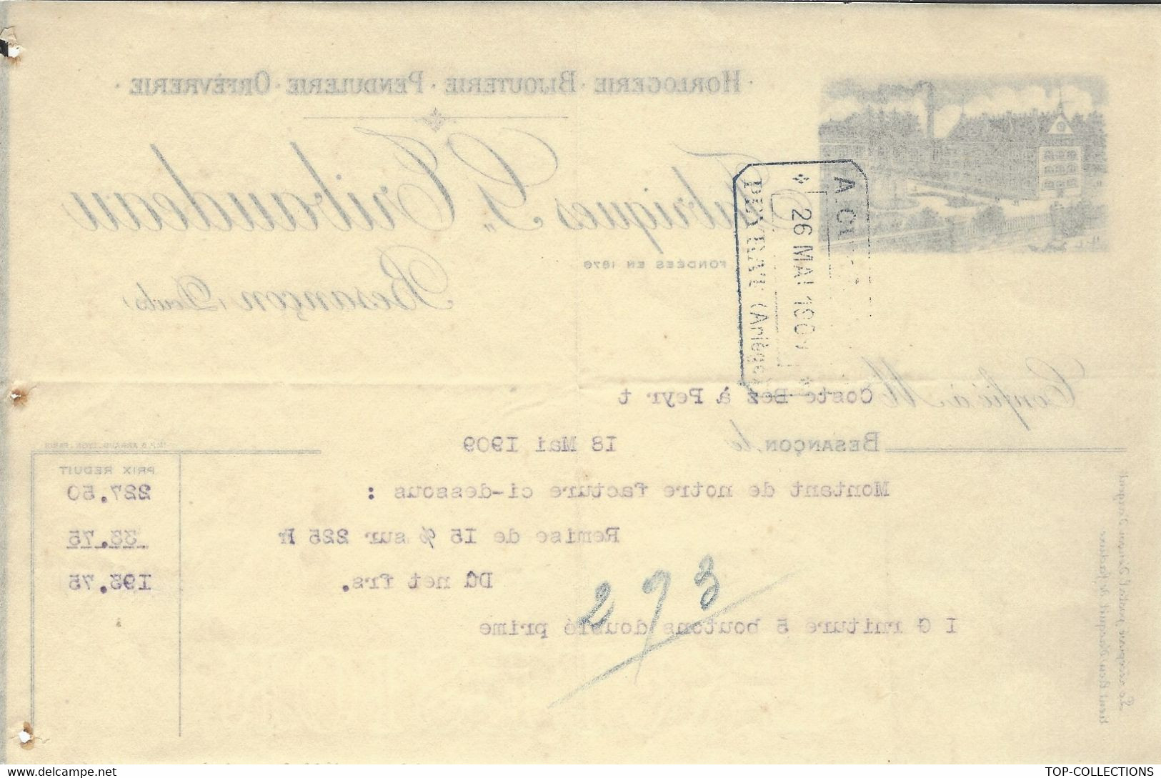 1909 ENTETE HORLOGERIE BIJOUTERIE ORFEVRERIE G.TRIBAUDEAU Besançon Doubs Pour Coste Bez à Peyrat - 1900 – 1949