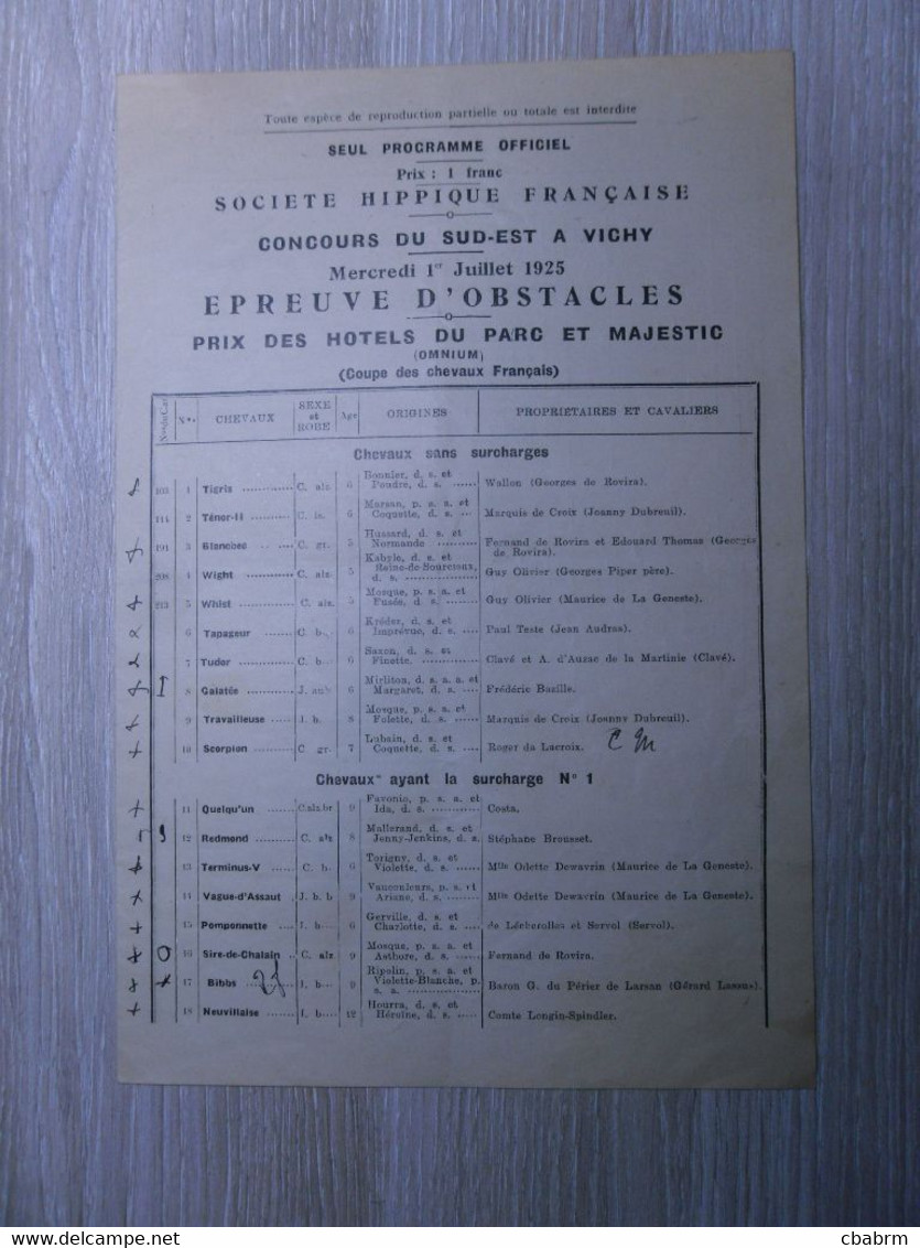 PROGRAMME SOCIETE HIPPIQUE FRANCAISE CONCOURS DU SUD-EST A VICHY Juillet 1925 - Programme