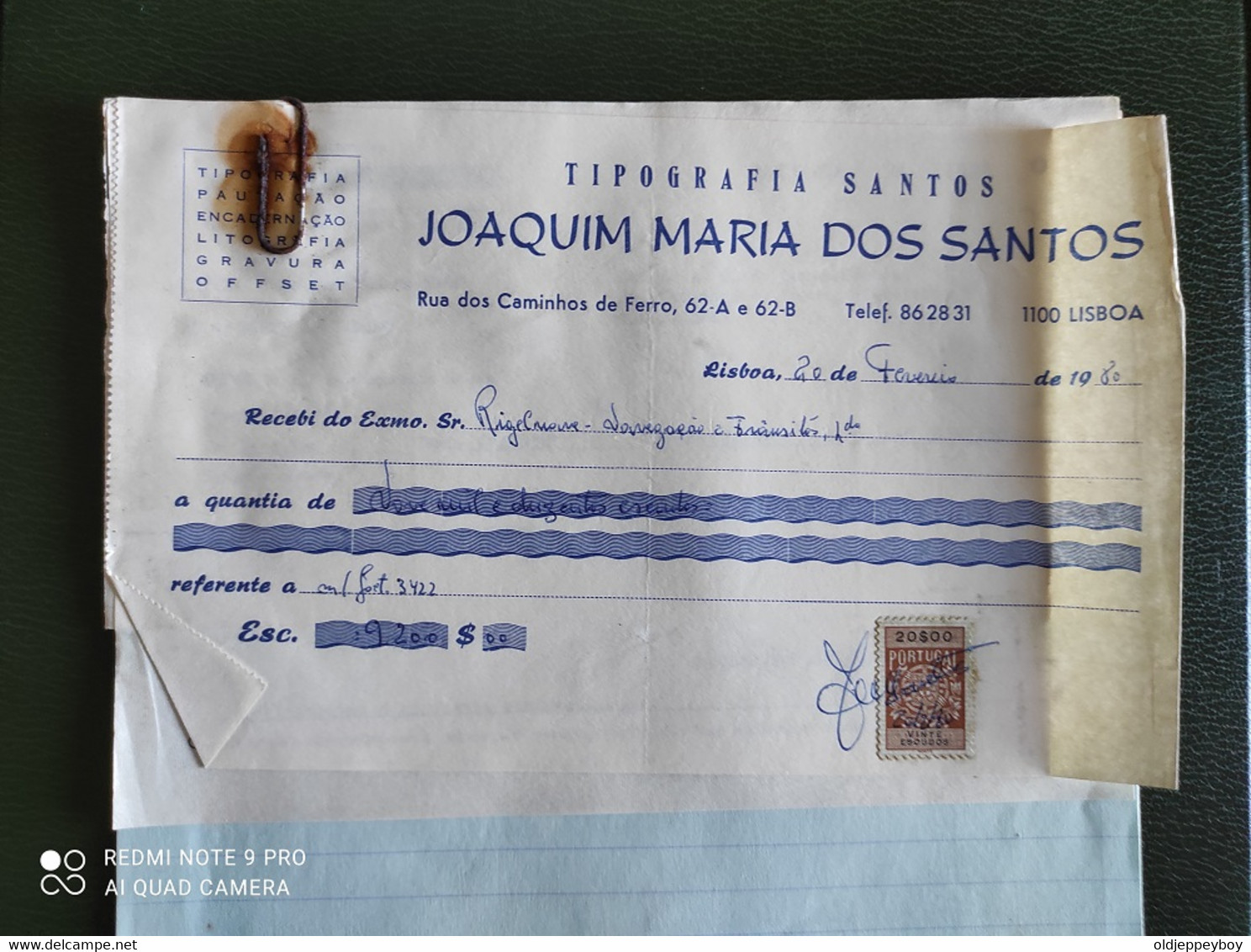 PORTUGAL RECIBO INVOICE TIPOGRAFIA JOAQUIM MARIA DOS SANTOS 1980 LISBOA - Portugal