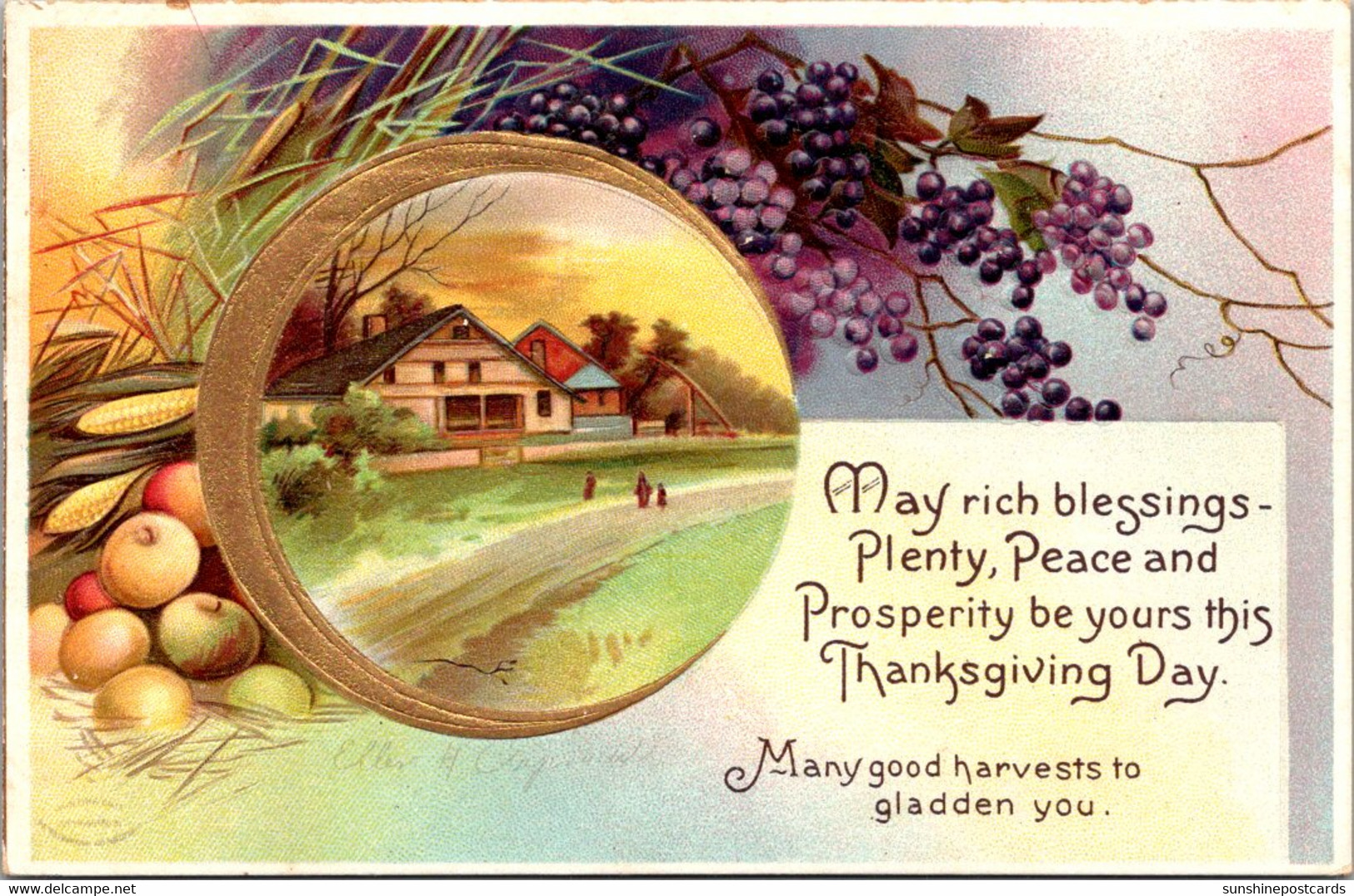 Thanksgiving Blessings Landscape Scene And Fruit Signed Clapsaddle 1910 - Thanksgiving