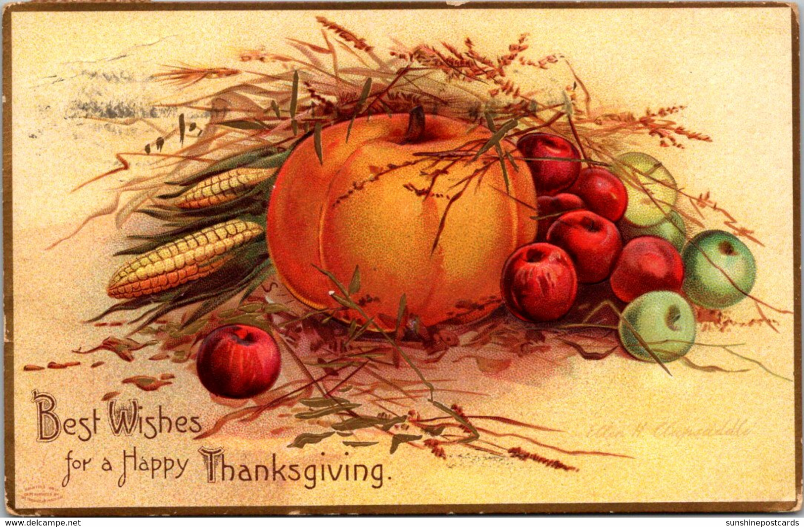 Thanksgiving With Pumpkin And Fruit Signed Clapsaddle 1909 - Giorno Del Ringraziamento